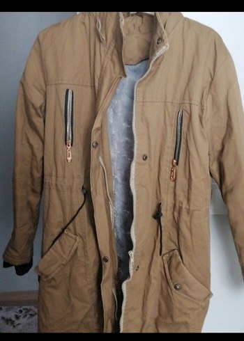 Bej Kadın Midi Kaban, Kürklü, Rahat Kesim - Görsel 3