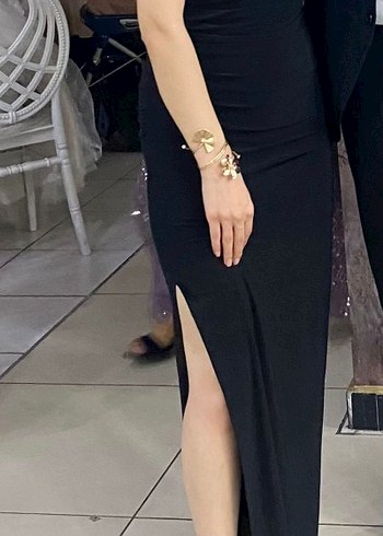 Siyah Straplez Uzun Drapeli Kadın Elbise - Görsel 5