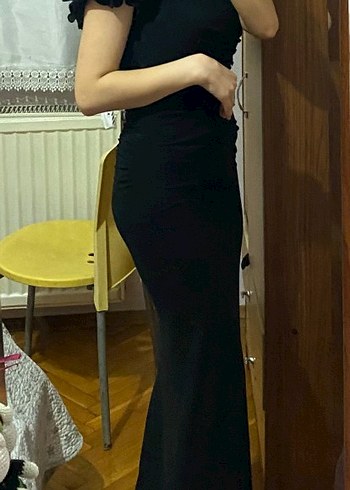 Siyah Straplez Uzun Drapeli Kadın Elbise - Görsel 2