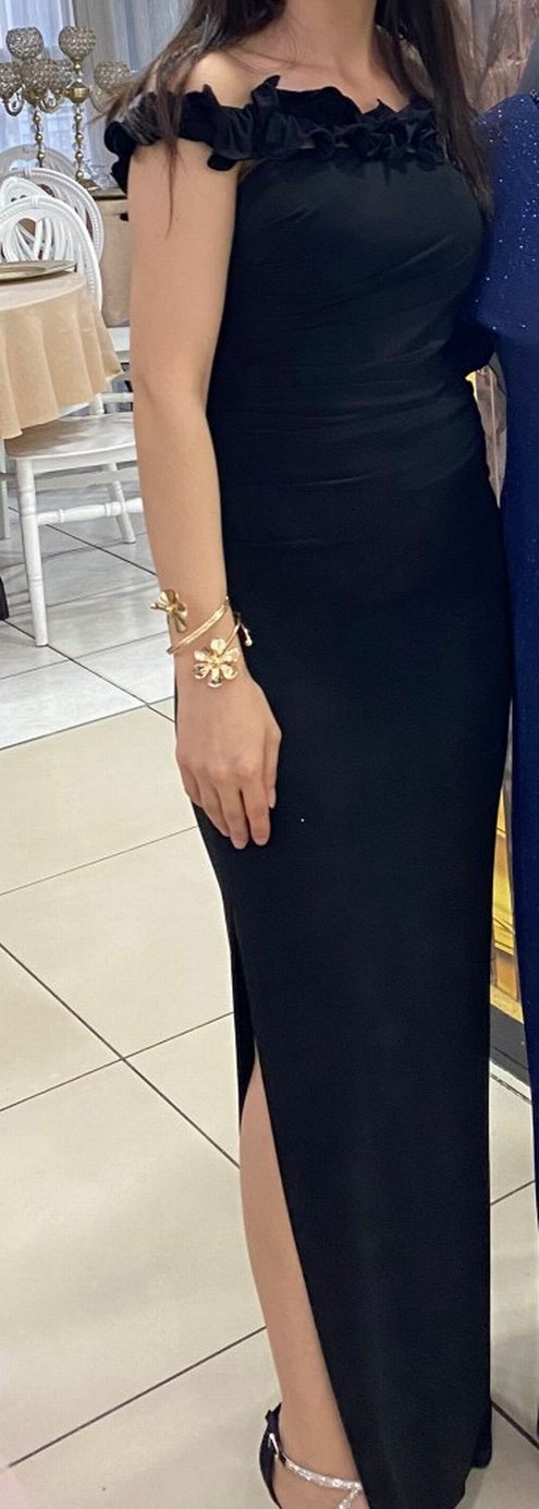 Siyah Straplez Uzun Drapeli Kadın Elbise - Görsel 4