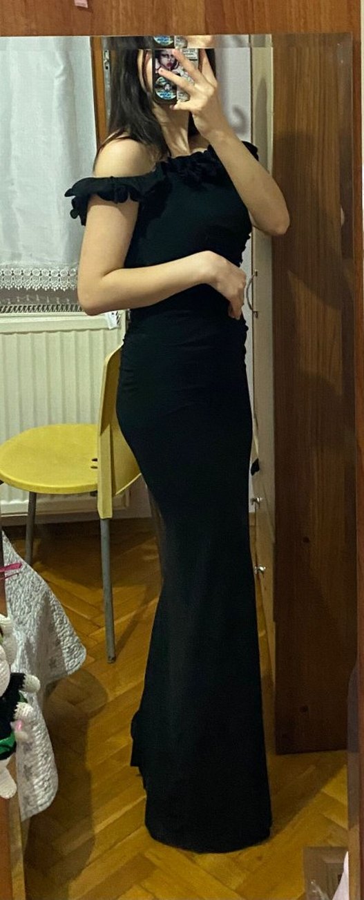 Siyah Straplez Uzun Drapeli Kadın Elbise - Görsel 2