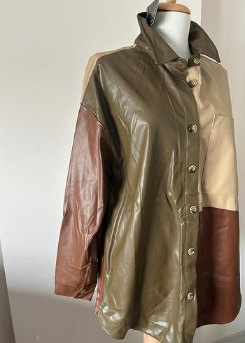 Düğmeli Kadın Deri Ceket, Renk Bloklu - Görsel 3