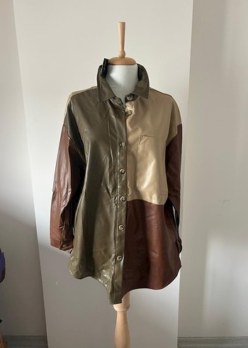 Düğmeli Kadın Deri Ceket, Renk Bloklu - Görsel 2