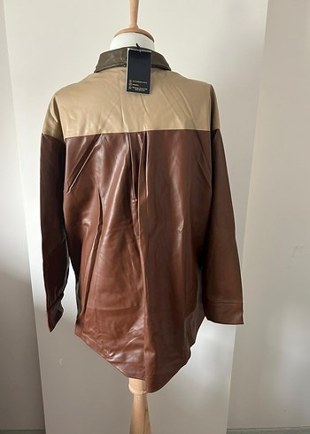Düğmeli Kadın Deri Ceket, Renk Bloklu - Görsel 5