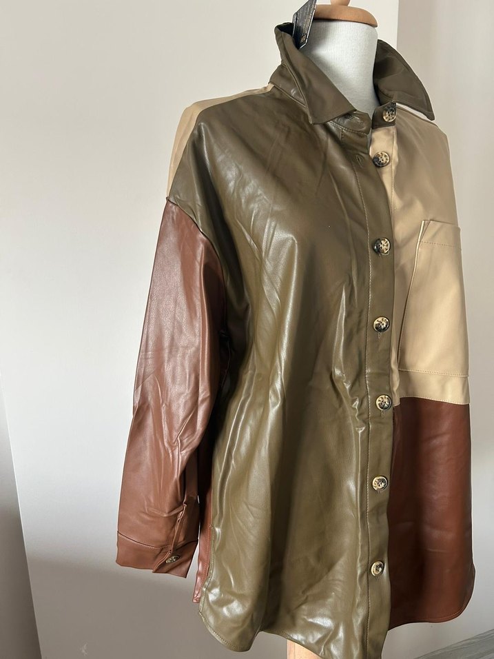 Düğmeli Kadın Deri Ceket, Renk Bloklu - Görsel 3