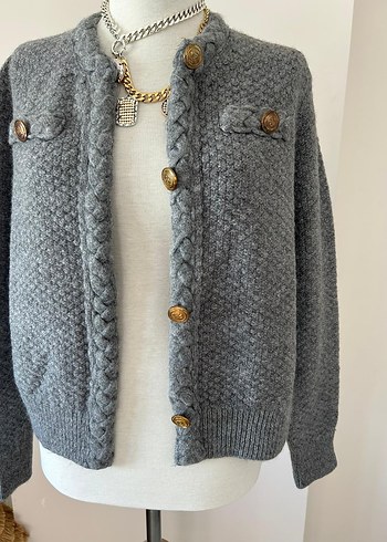 Düğmeli Gri Örgü Kadın Hırka - Görsel 6