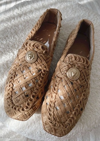 Diğer Bej Örgü Düğmeli Blok Topuklu Kadın Loafer