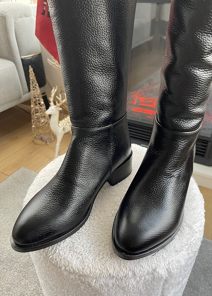 Siyah Gerçek Deri Arkası Fermuarlı Binici Çizme - Görsel 5