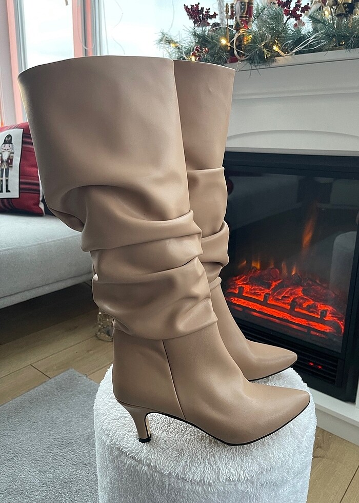 Bej Deri Körüklü Çizme - Görsel 2