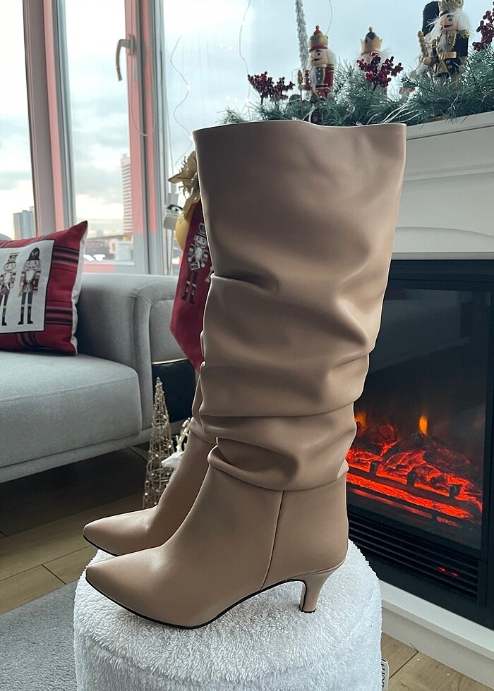 Bej Deri Körüklü Çizme - Görsel 4