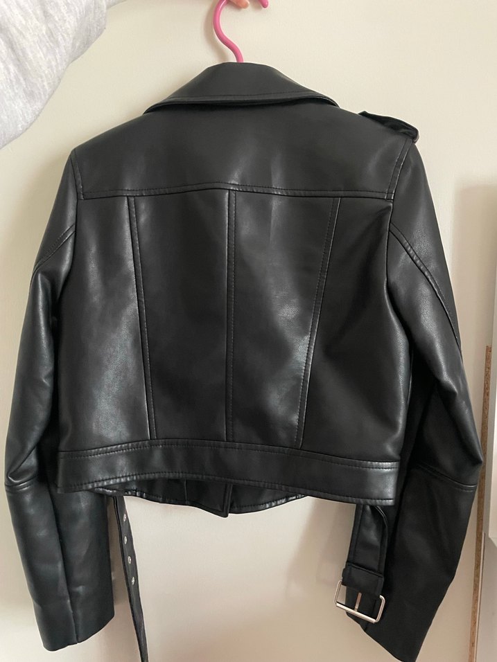 Kadın Siyah Deri Biker Ceket - Görsel 3