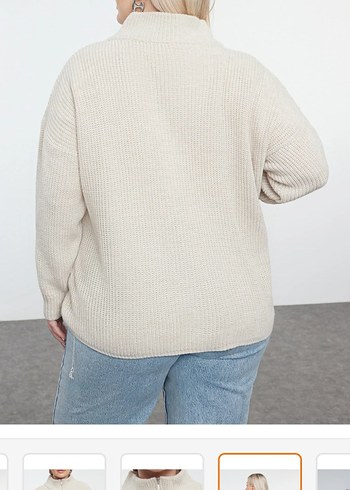 Bej Yarım Fermuarlı Örgü Kadın Kazak - Görsel 3