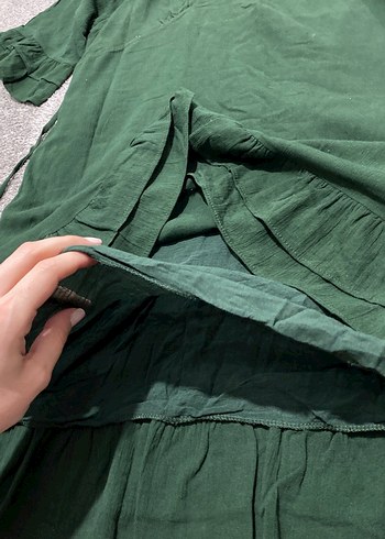 Yeşil Keten Midi V Yaka Rahat Elbise - Görsel 3