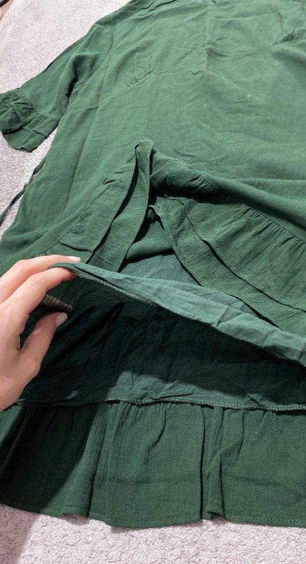 Yeşil Keten Midi V Yaka Rahat Elbise - Görsel 3