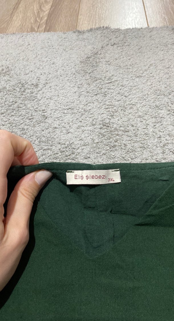 Yeşil Keten Midi V Yaka Rahat Elbise - Görsel 2