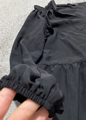 Siyah V Yaka Fırfırlı Midi Keten Elbise - Görsel 2