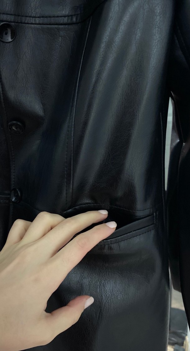 Düğmeli Siyah Deri Kadın Ceket - Görsel 5