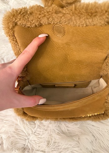 Bej Süet Kadın Çanta, Kürk Detaylı, Nakışlı - Görsel 4