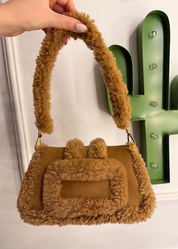 Bej Süet Kadın Çanta, Kürk Detaylı, Nakışlı - Görsel 3