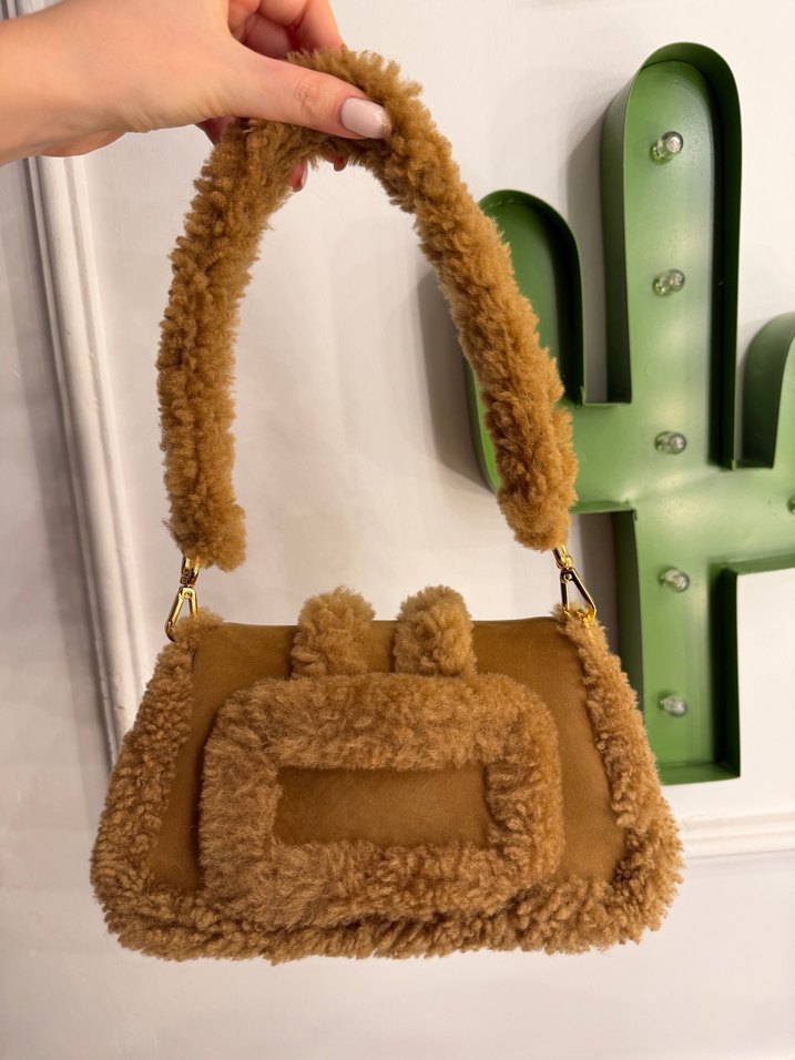 Bej Süet Kadın Çanta, Kürk Detaylı, Nakışlı - Görsel 3