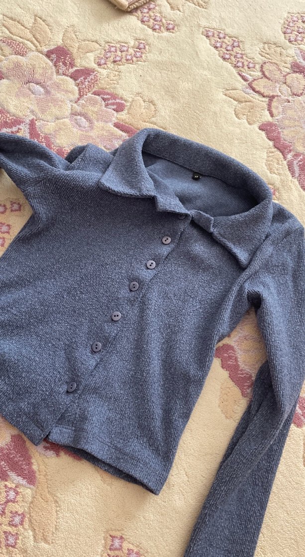 Düğmeli, Uzun Kollu, Denim Kadın Kazak - Görsel 3