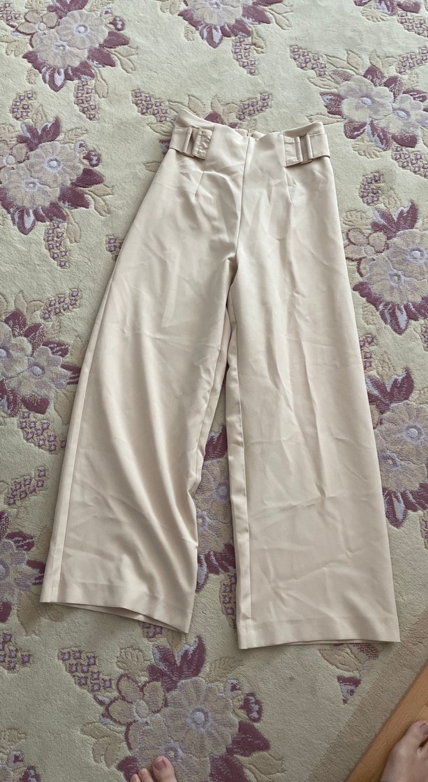 Bej Midi Kadın Kumaş Pantolon, Kemerli, Rahat Kesim - Görsel 2