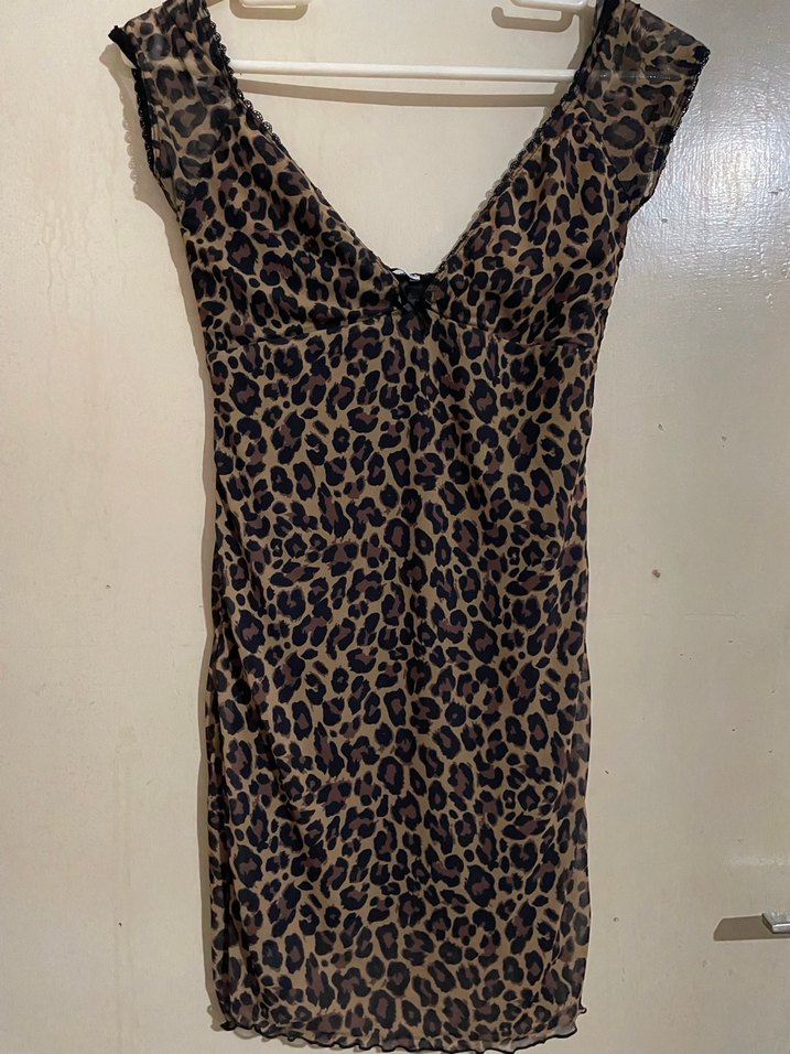 Dantel Detaylı Leopar Desenli Midi Elbise - Görsel 2