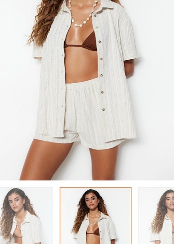 Düğmeli Keten Beyaz Mini Gömlek ve Şort - Görsel 5