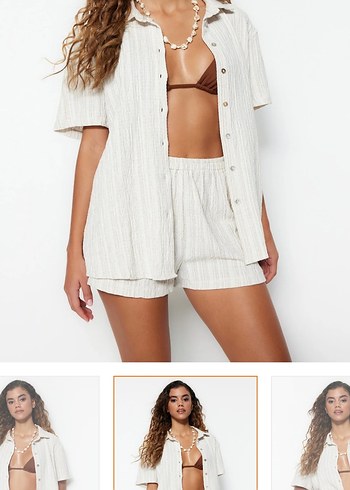 Düğmeli Keten Beyaz Mini Gömlek ve Şort - Görsel 2