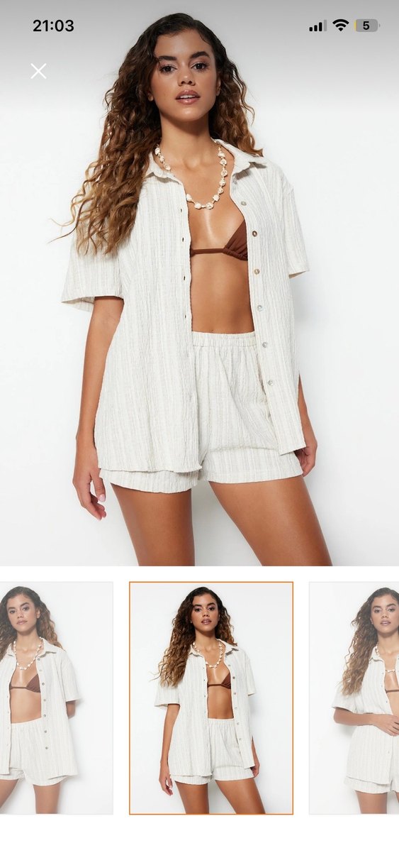 Düğmeli Keten Beyaz Mini Gömlek ve Şort - Görsel 2