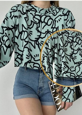m Beden Yeşil Baskılı Uzun Kollu Denim Sweatshirt