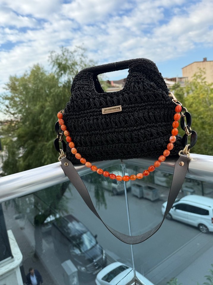 Boncuklu Siyah Örgü Bohem Kadın Çanta - Görsel 2