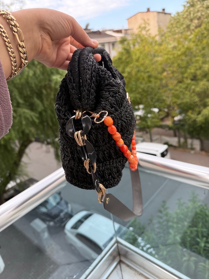 Boncuklu Siyah Örgü Bohem Kadın Çanta - Görsel 3