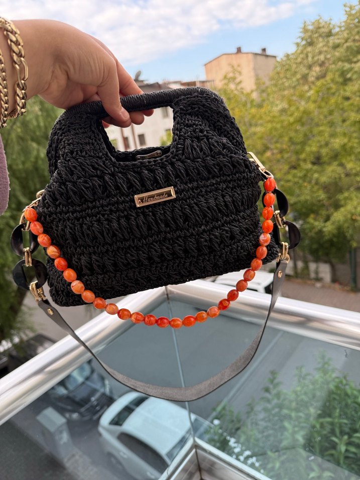 Boncuklu Siyah Örgü Bohem Kadın Çanta - Görsel 4