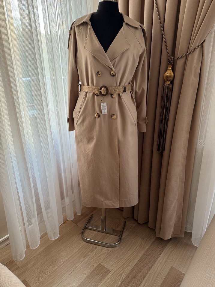 Bej Kemerli Uzun Kadın Trençkot - Görsel 3