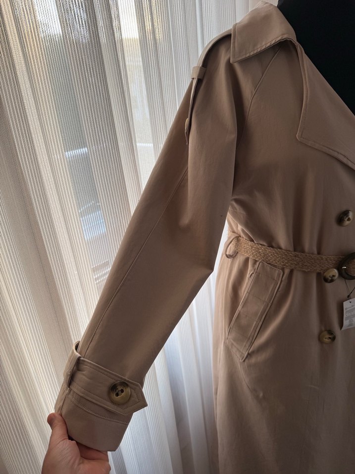 Bej Kemerli Uzun Kadın Trençkot - Görsel 5