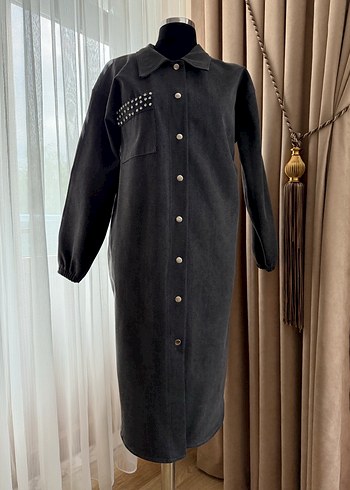 Düğmeli Gri Kadın kot Uzun Ceket - Görsel 2