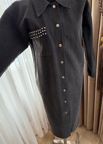 Düğmeli Gri Kadın kot Uzun Ceket - Görsel 3