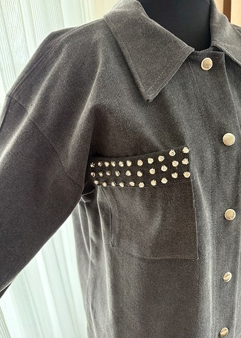 Düğmeli Gri Kadın kot Uzun Ceket - Görsel 4