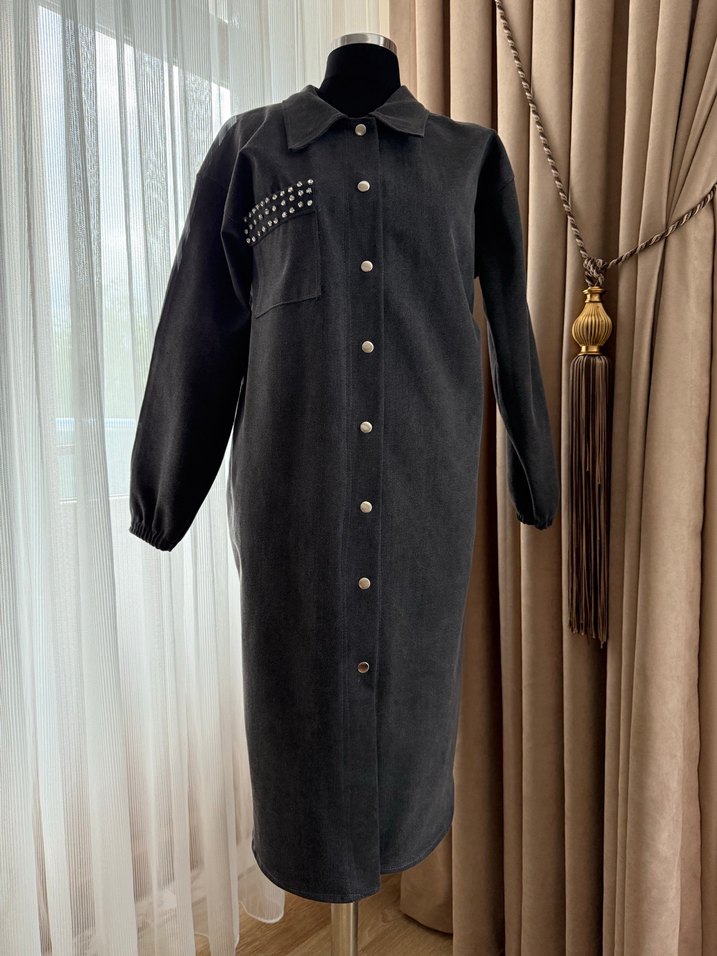 Düğmeli Gri Kadın kot Uzun Ceket - Görsel 2