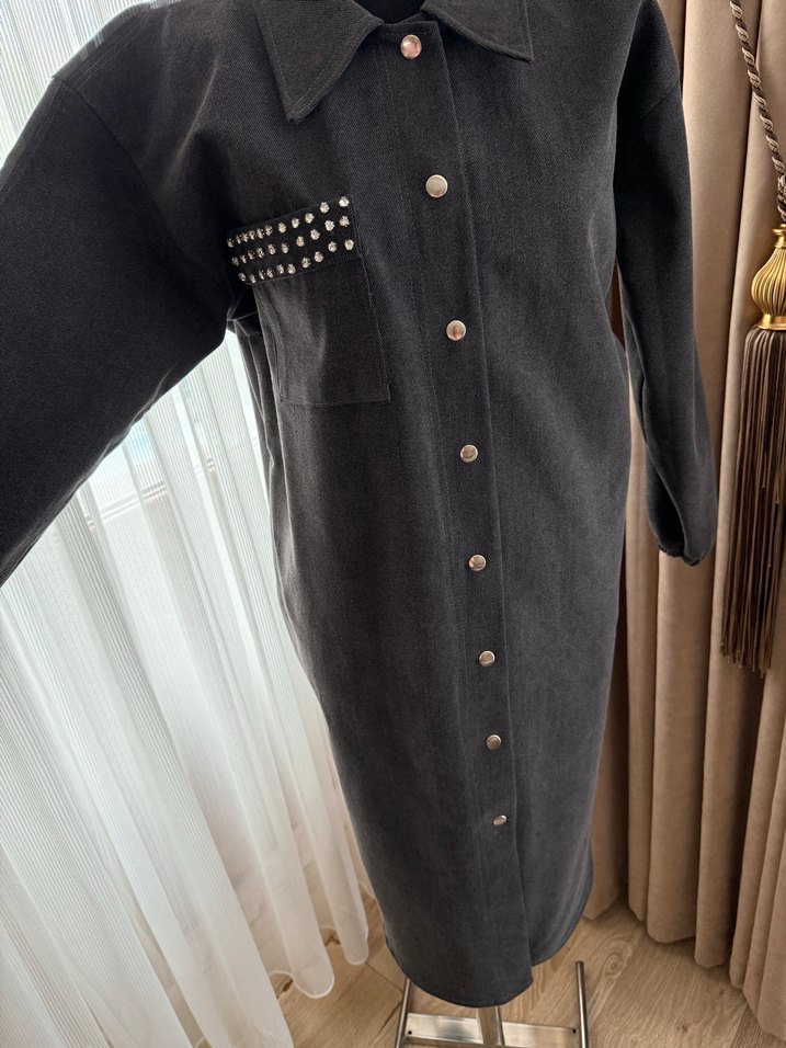 Düğmeli Gri Kadın kot Uzun Ceket - Görsel 3