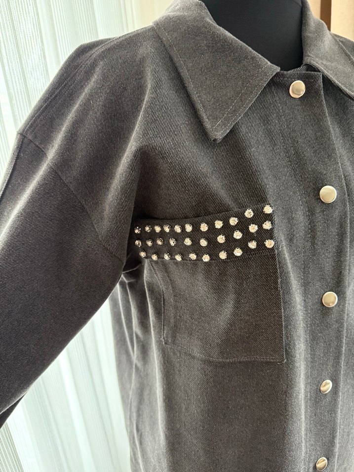 Düğmeli Gri Kadın kot Uzun Ceket - Görsel 4