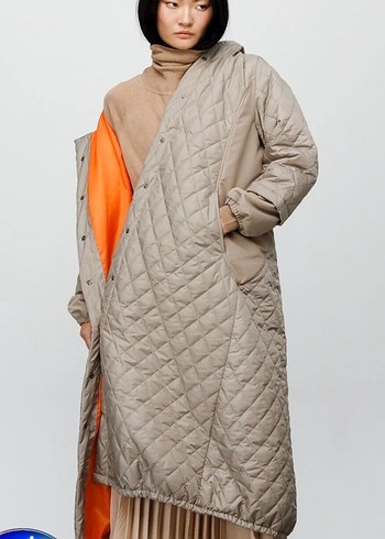 Bej Uzun Kadın Mont, Düğmeli, Rahat Kesim - Görsel 5