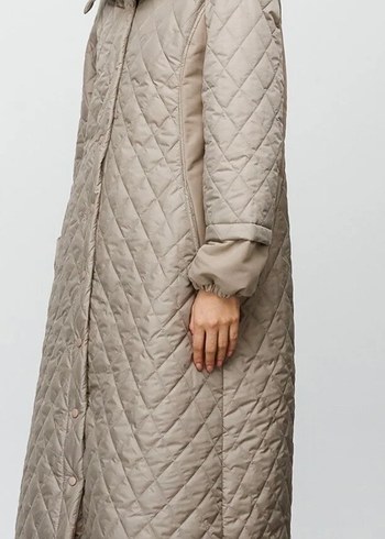 Bej Uzun Kadın Mont, Düğmeli, Rahat Kesim - Görsel 3