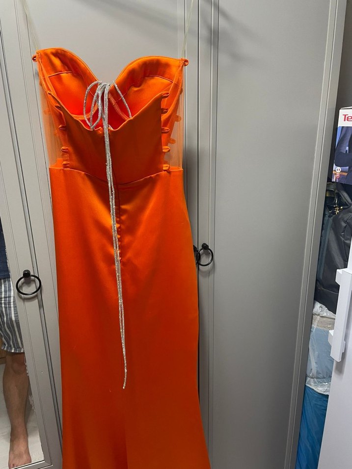 Parlak Turuncu Straplez Uzun Abiye Elbise - Görsel 2