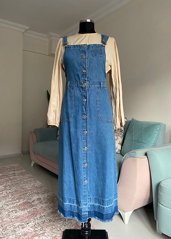 Düğmeli Uzun Kot Salopet - Görsel 2