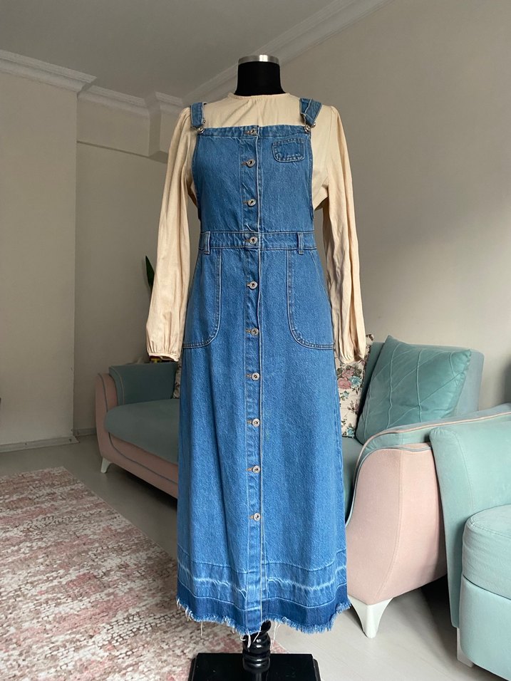 Düğmeli Uzun Kot Salopet - Görsel 2