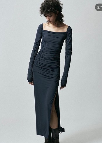 Uzun Drapeli Lacivert Kadın Elbise - Görsel 2