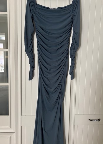 Uzun Drapeli Lacivert Kadın Elbise - Görsel 3