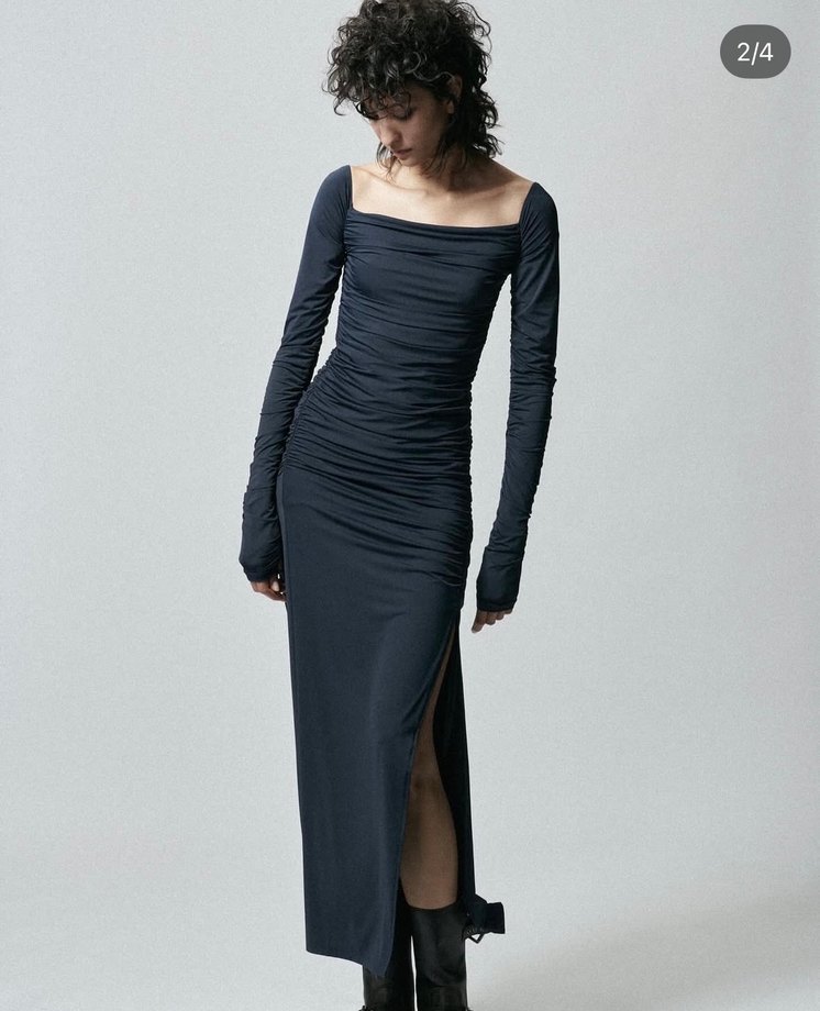 Uzun Drapeli Lacivert Kadın Elbise - Görsel 2